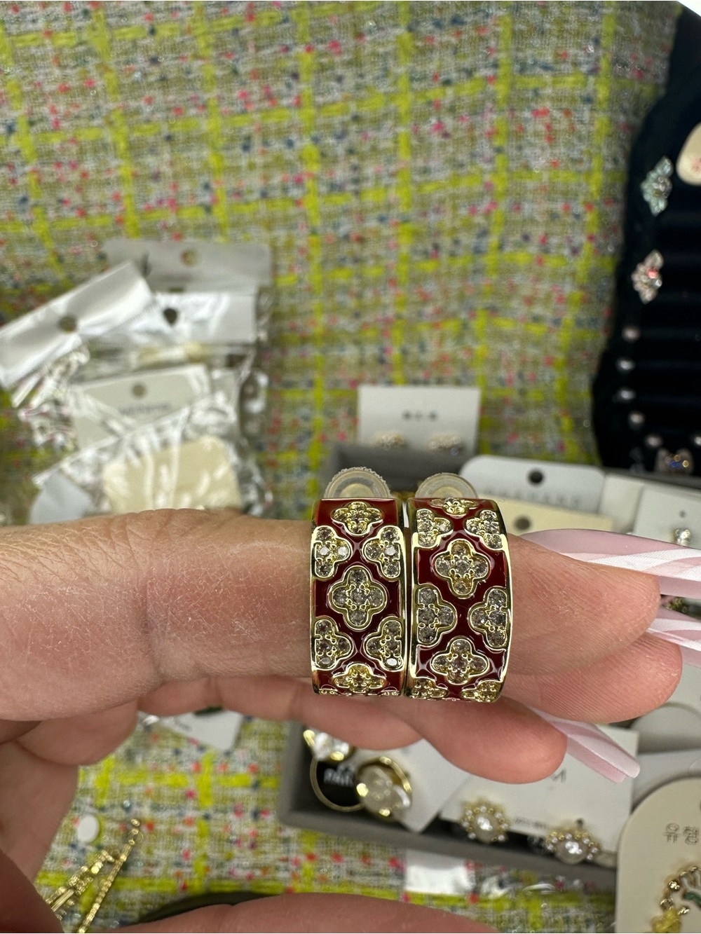 A great Gold-Tone Red Enamel Floral Hoop Earrings